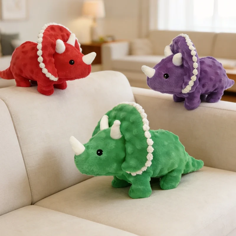 Triceratops Plush Squeaky Dog Toy for Chewing and Interactive Play