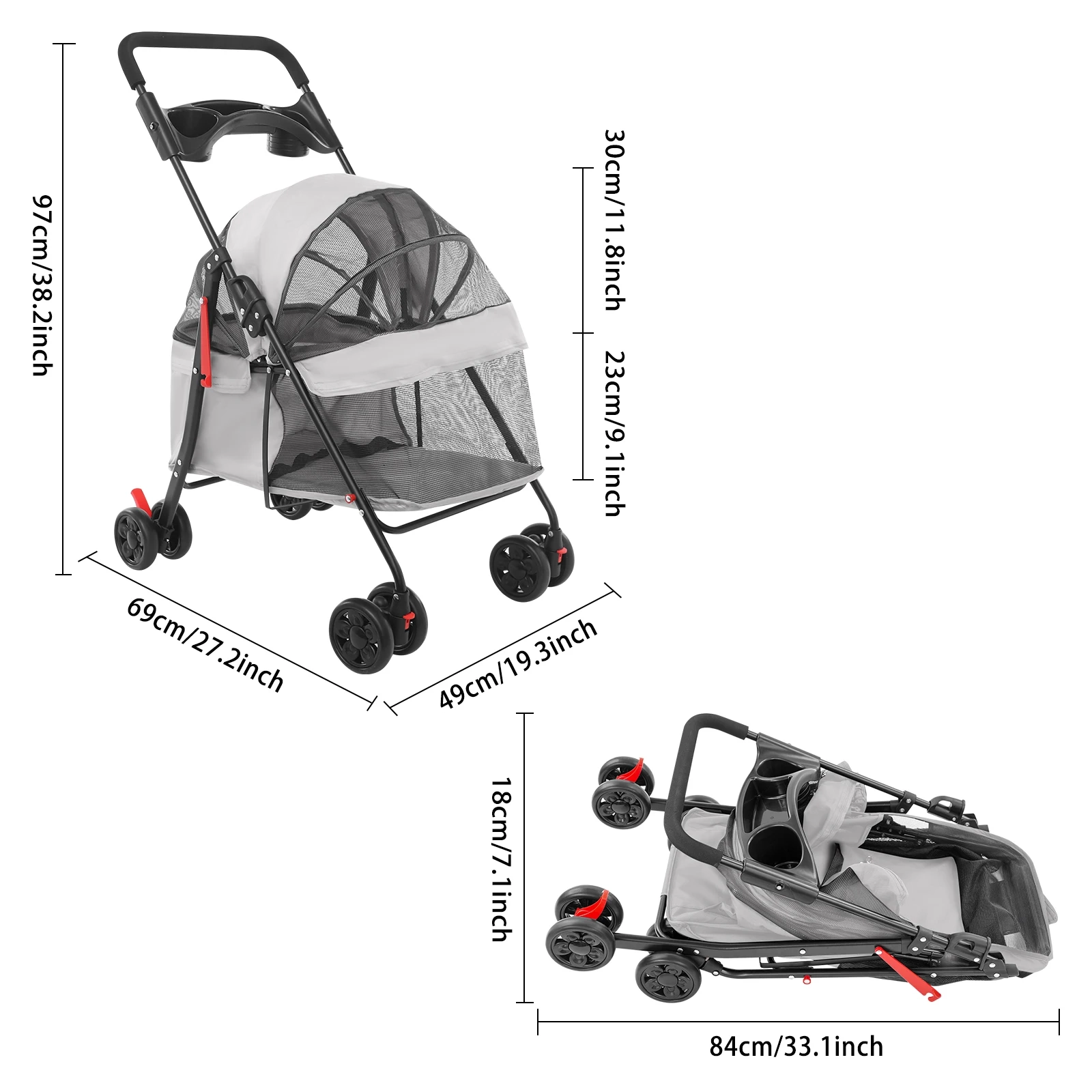 Foldable Pet Stroller with Mesh Basket and Rear Brakes - Image 4