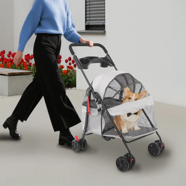Foldable Pet Stroller with Mesh Basket and Rear Brakes