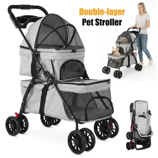 Double-Decker Pet Stroller with Foldable Frame