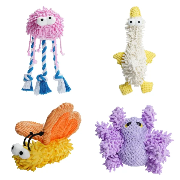 Crinkle Plush Squeaky Dog Toy in Butterfly, Jellyfish, Duck, or Spider Design